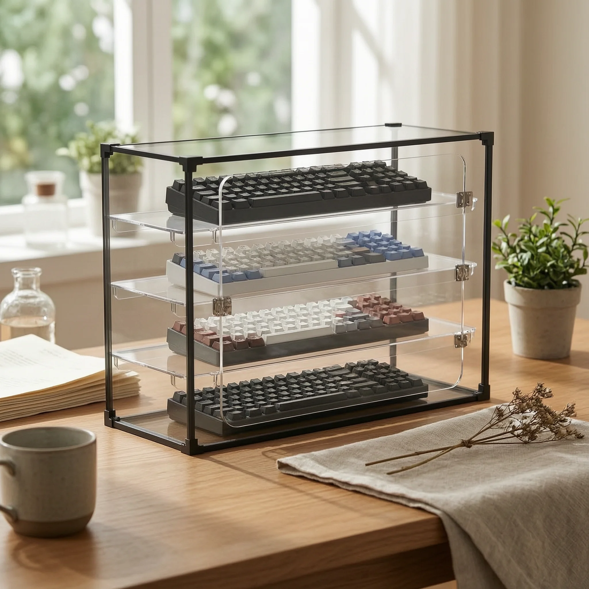 Keyboard Storage Cabinet Acrylic Keyboard Display Case Cabinet with Shelves and Doors Desktop Furniture Tabletop for Collectors