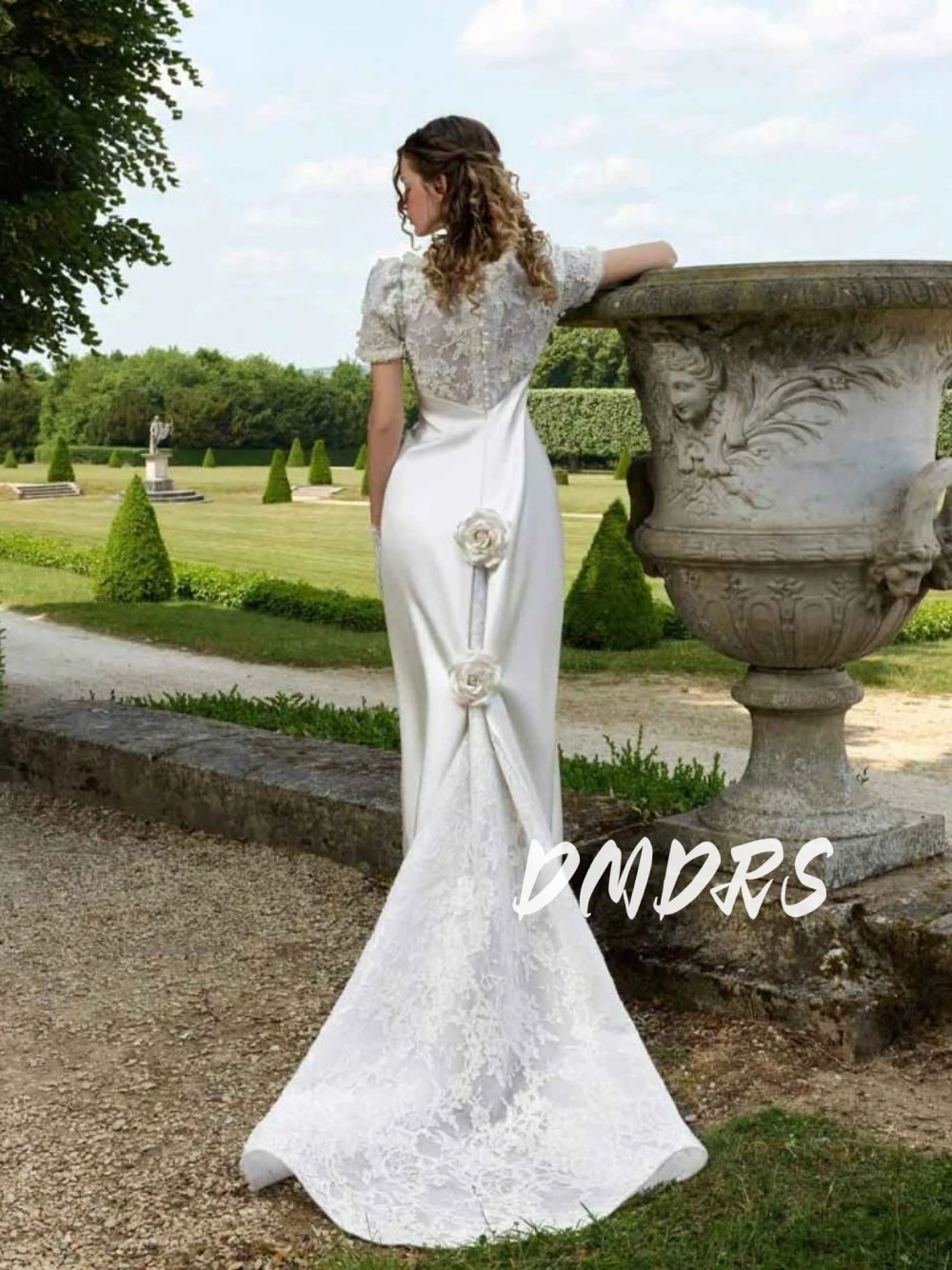 

Fairytale Puff Sleeves Soft Satin Wedding Dress Romantic Flowers Beaded Lace Mermaid Bridal Gown Customized Chic Elegant Wear