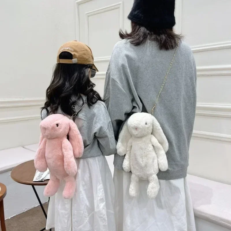 Long Ear Rabbit Doll Fashion Imitation Rex Rabbit Fur Bag Plush Backpack Chain Strap Children\'s Bag Chain Crossbody Bag Knapsack