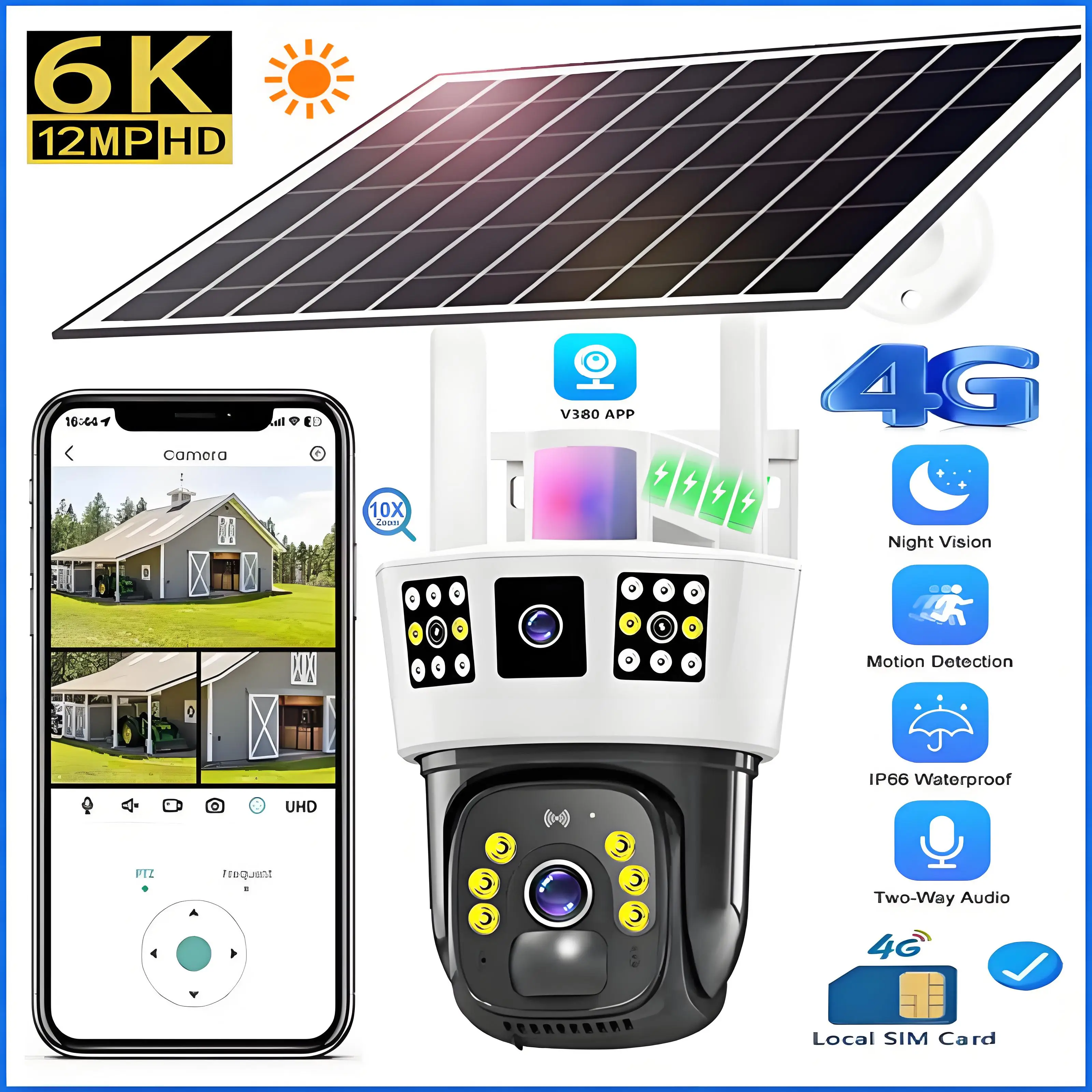 camera solar 4g sim protecao de seguranca a prova impermeavel agua ip cctv 12mp camera vigilancia casa sem fio inteligente camera exterior v380 6k 01