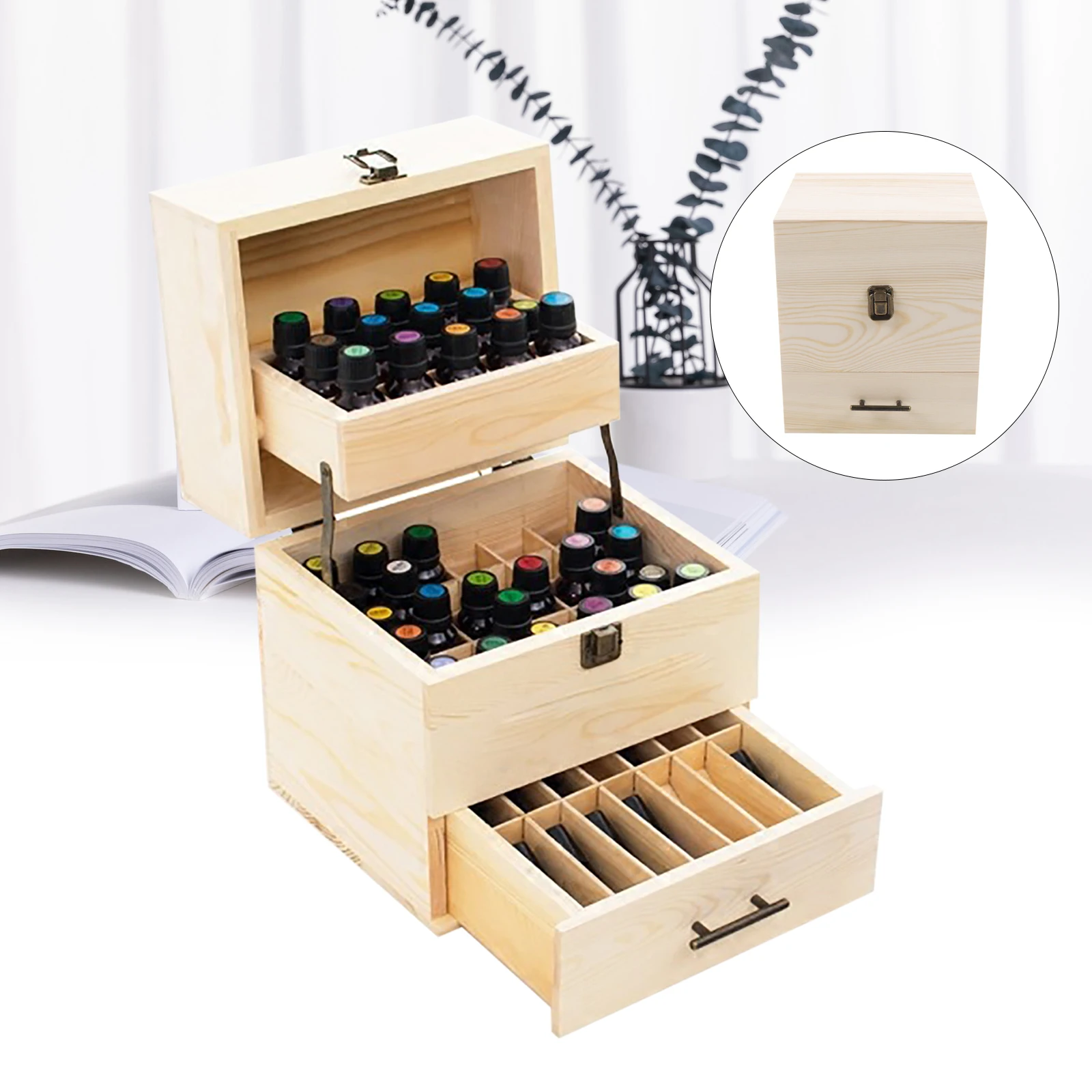 

3 Layers 59 Grids Pine Wood Essential Oil Storage Box Packaging Container Box with Drawer 2 Trays & Latch Lock