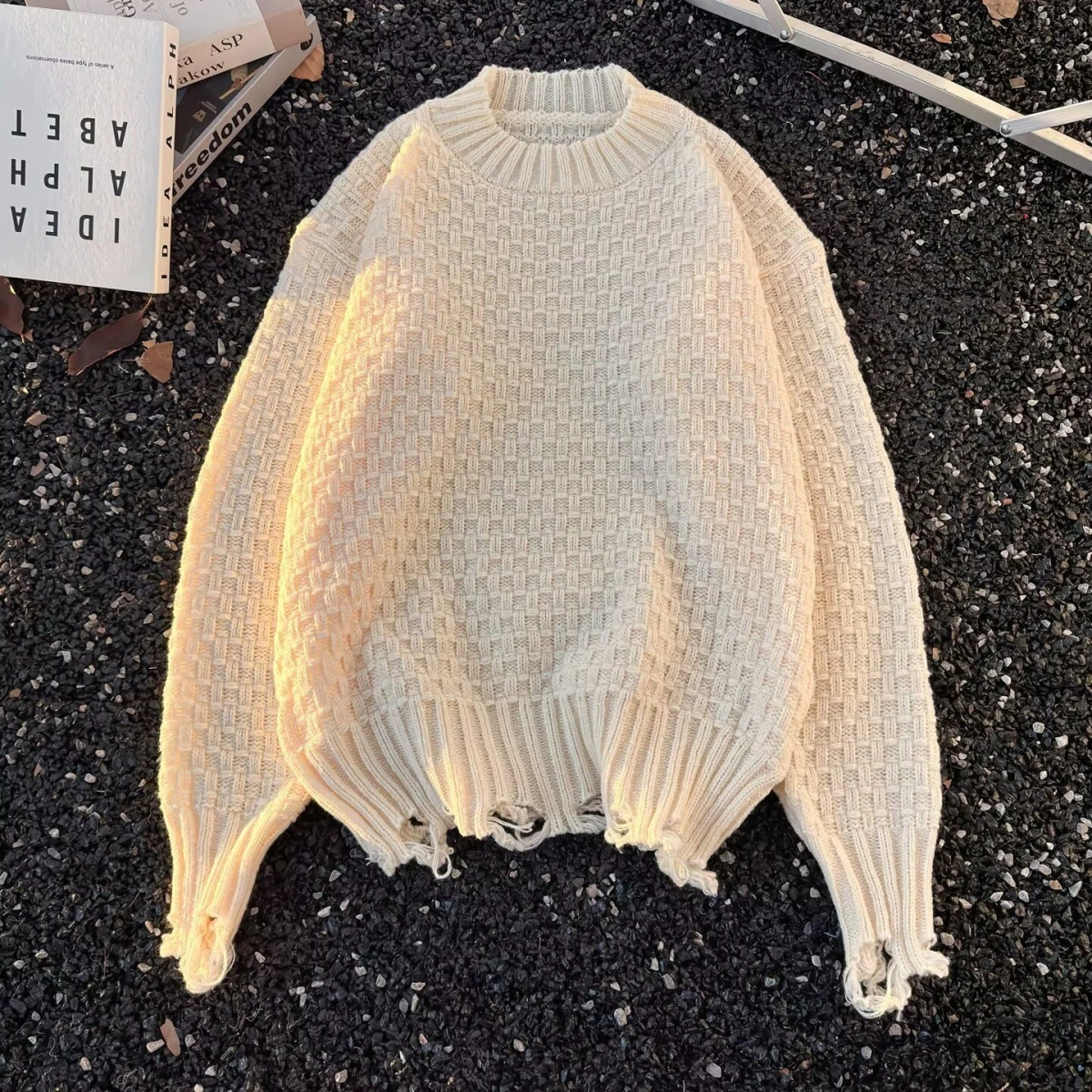 Suéter de Cuello Redondo con Diseño Desgastado Estilo Americano, Hoado e Informal para Hombre, Marca de Moda, Ropa de Pareja