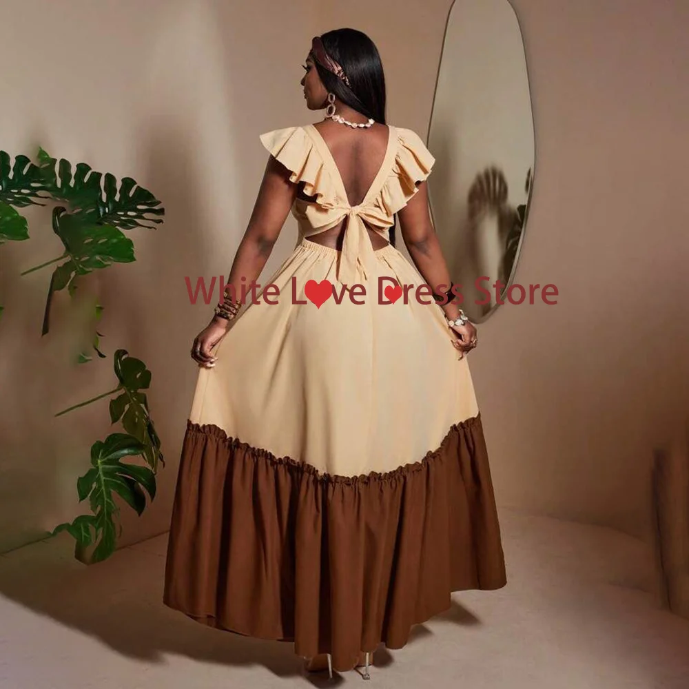 Customized Color Block Maxi Dress Women Square Neck Ruffle Cap Sleeve Patchwork Tiered Long Dress Wedding Guest Party Gown