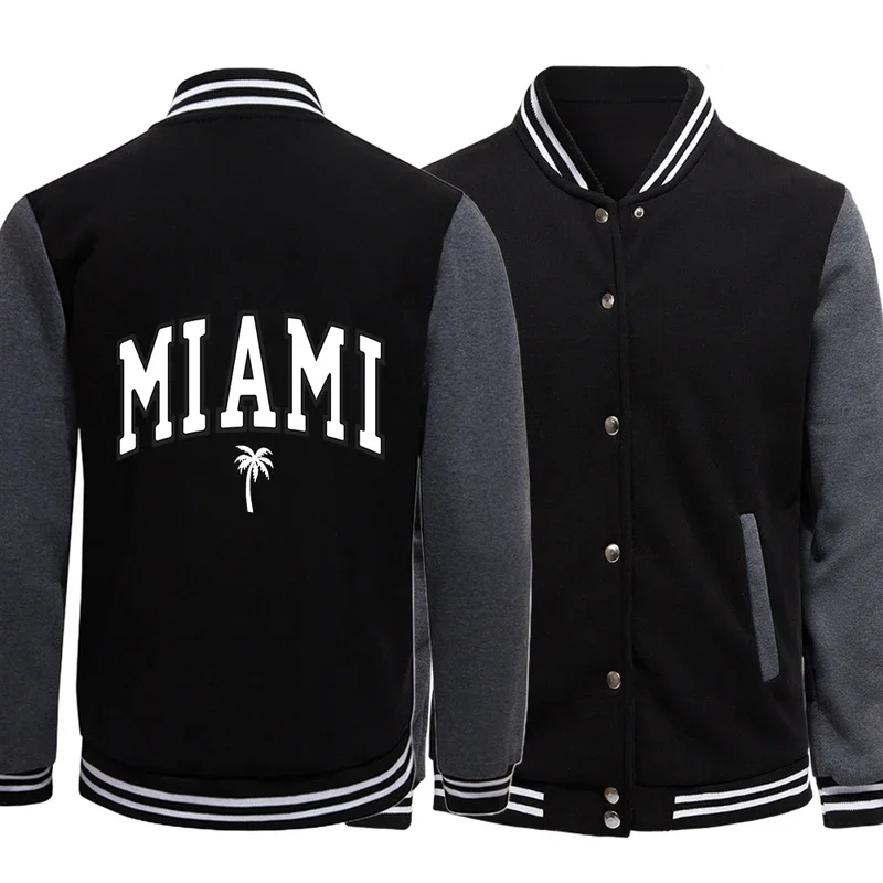 

Miami Beach Printing Coats Autumn Street Male Baseball Suit Spliced Fleece Jacket Comfortable Pocket Warm Neutral Streetwear