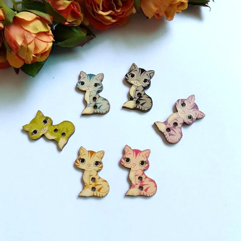 50PCs Flatback Multicolor Animals Cat Wooden Button 2 Holes DIY Scrapbooking Crafts Sewing Accessories Decorative Buttons 17x27