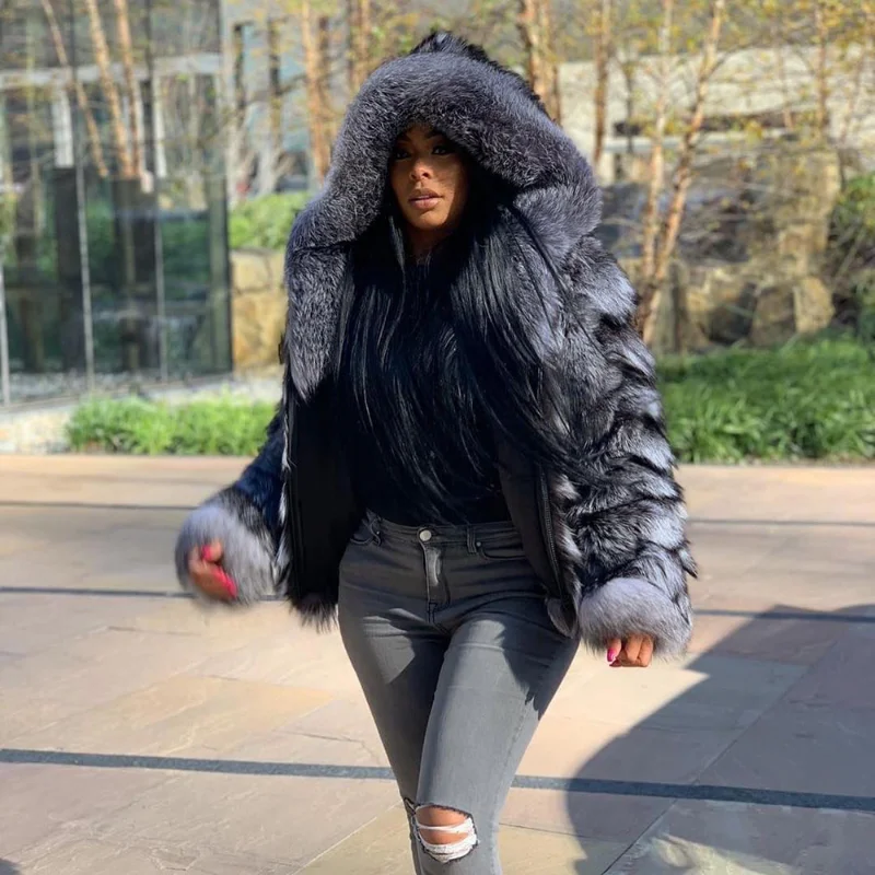 Hooded High Street Natural Sliver Fox Fur Coat Women Winter Luxury Fashion Outertwear Genuine Real Fur Jacket Female