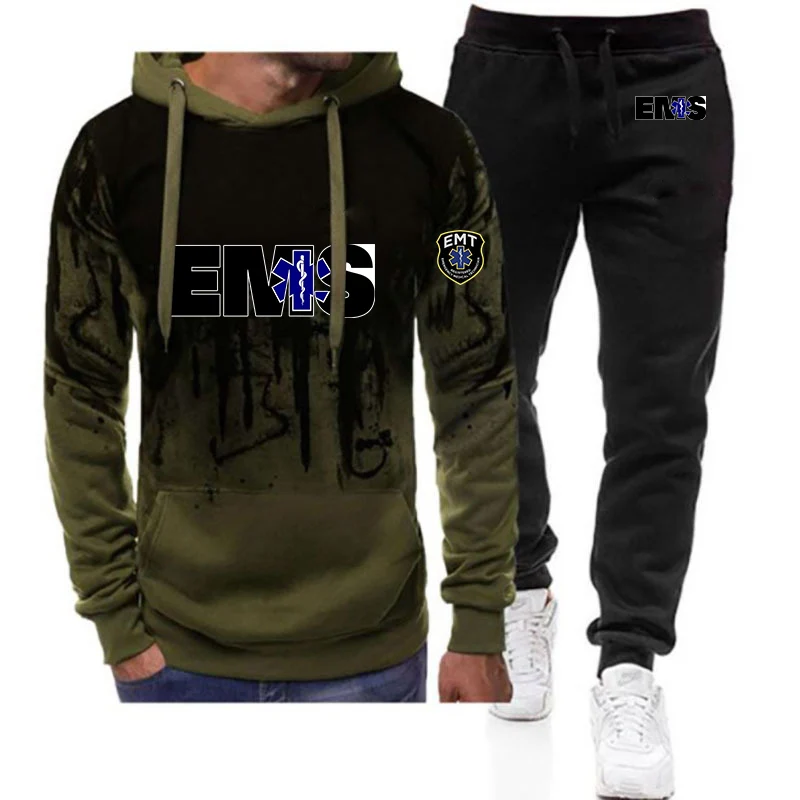 

2026 EMT Emergency Ambulance EMS Print Spring And Autumn Men's New Fashion Gradient Color Pullover Sweatpant Casual Suit