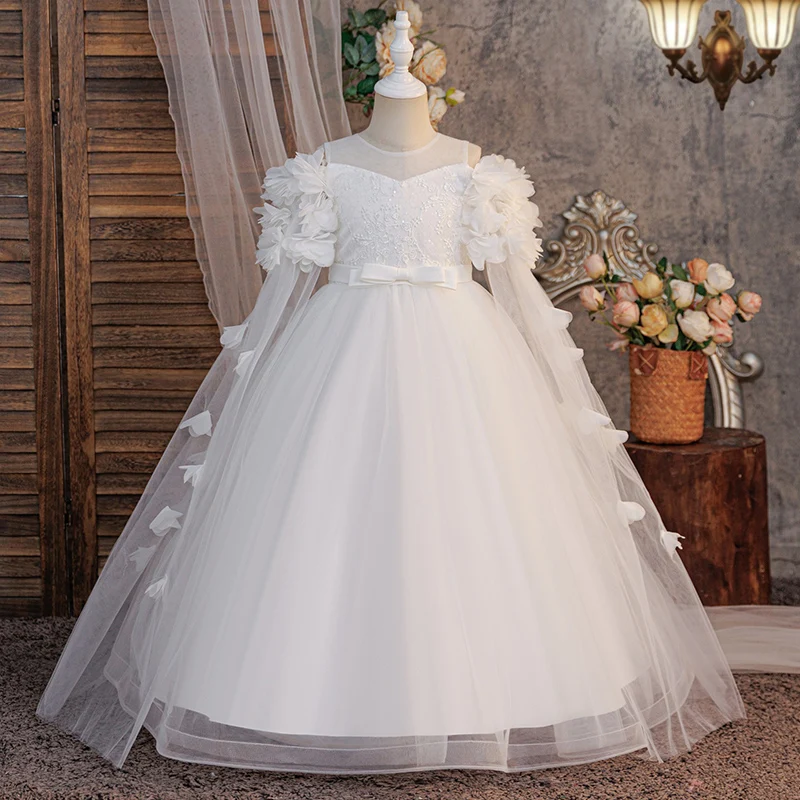 매혹적인 화이트 소녀용 정장 드레스, 스쿱 넥과 긴 튤 소매, 플라워 걸 드레스, 바닥까지 닿는 트레인 소녀 드레스