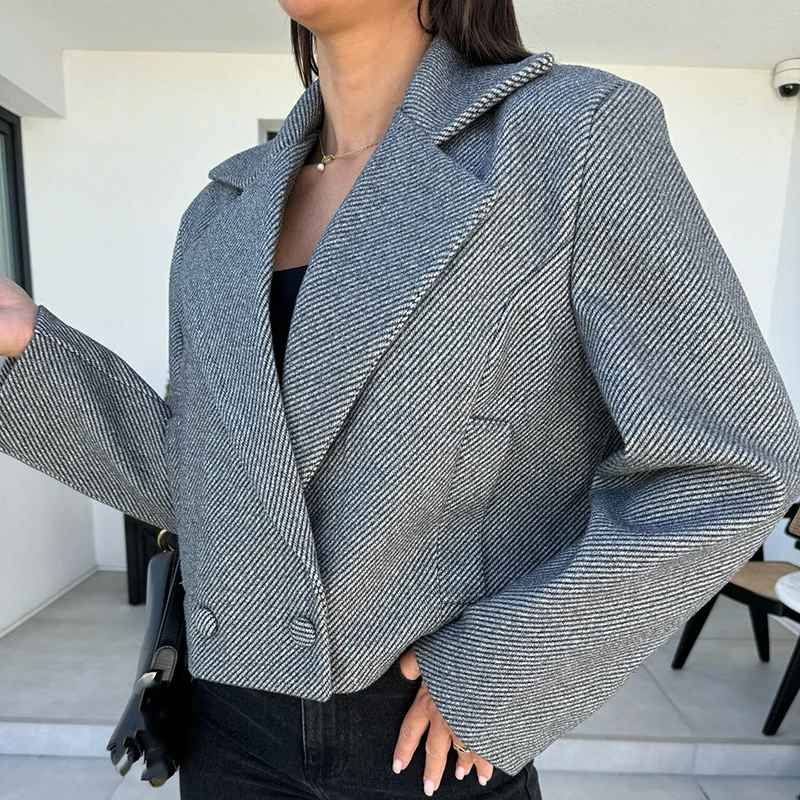 

Office Lady Lapel Double Breasted Short Coat New Autumn Solid Color Long Sleeved Pocket Jacket Elegant Temperament Party Outwear