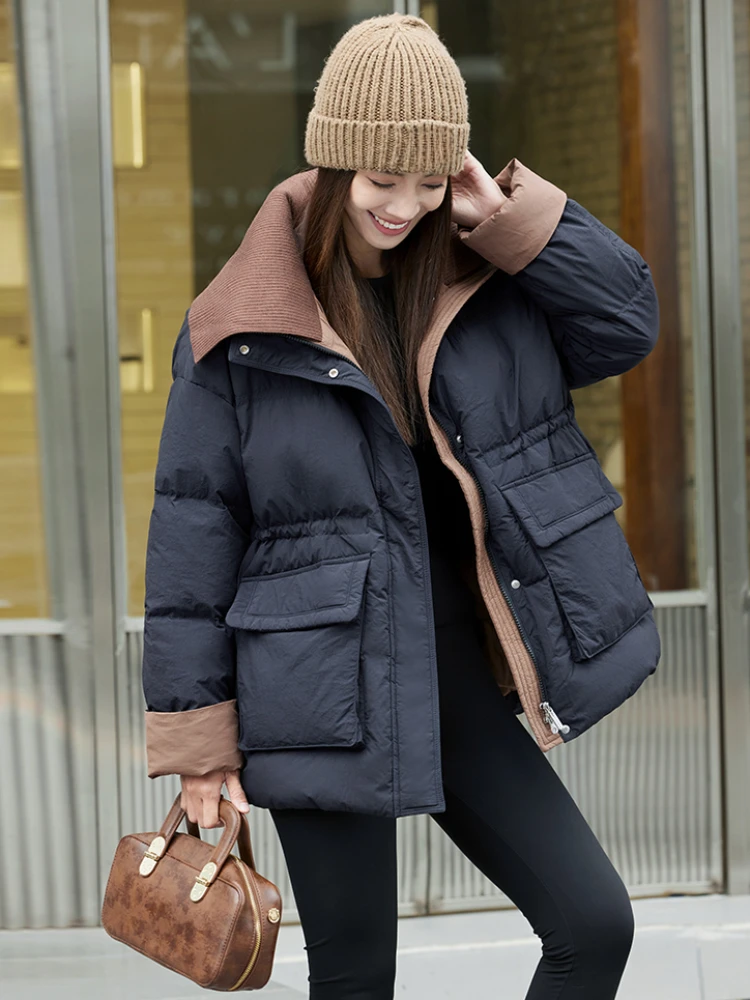 

Winter Warm Jacket 2024 New Knitted Lapel Down Jacket Colour Blocking Korean Design Thickened 90% Duck Down Leisure Parkas