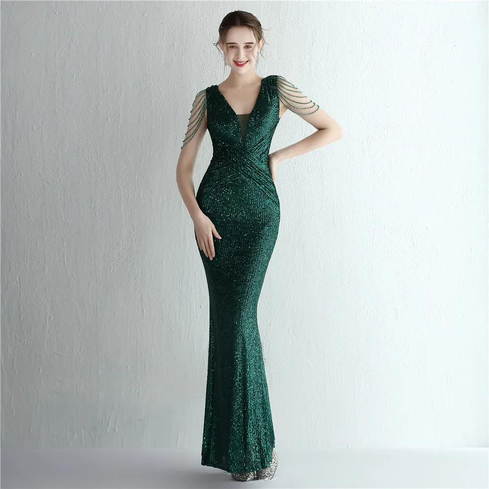 DEERVEADO Women Elegant Beading Evening Dress Long Mermaid Deep V Neck Sequins Maxi Party Dresses Evening Gown Robe De Soiree