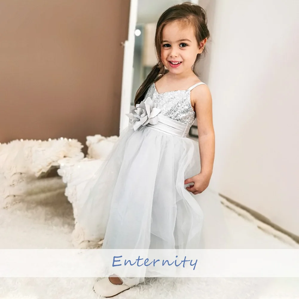 Princess Girls Dress  A-line Flower waist Open Back Flower Girl Dress Ankle-length Sleeveless Sequin Vestidos Para Niñas