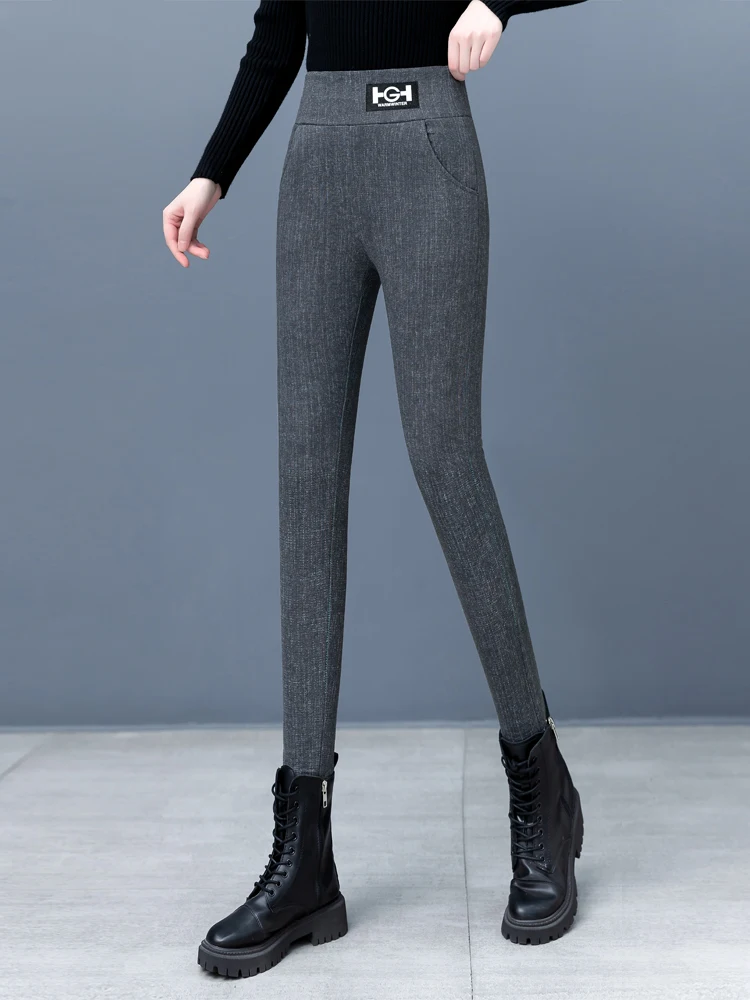 

High Waist Slimming Lamb Velvet Fleece Lined Thickened Autumn Winter Women's Pants Commute Style Korean Version Pocket Detail