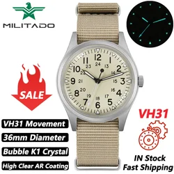 Militado ML07 Vintage Quartz Watch VH31 Movement Wristwatches Bubble Crystal With High Clear AR Coating Luminous 36mm Watches