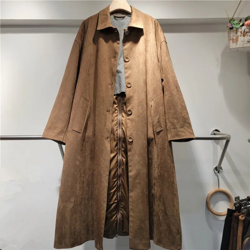 

SuperAen Retro and Fashion Suedette Lace-up Back Zipper Trench Long Women's Loose Polo Collar Korean Style Coats
