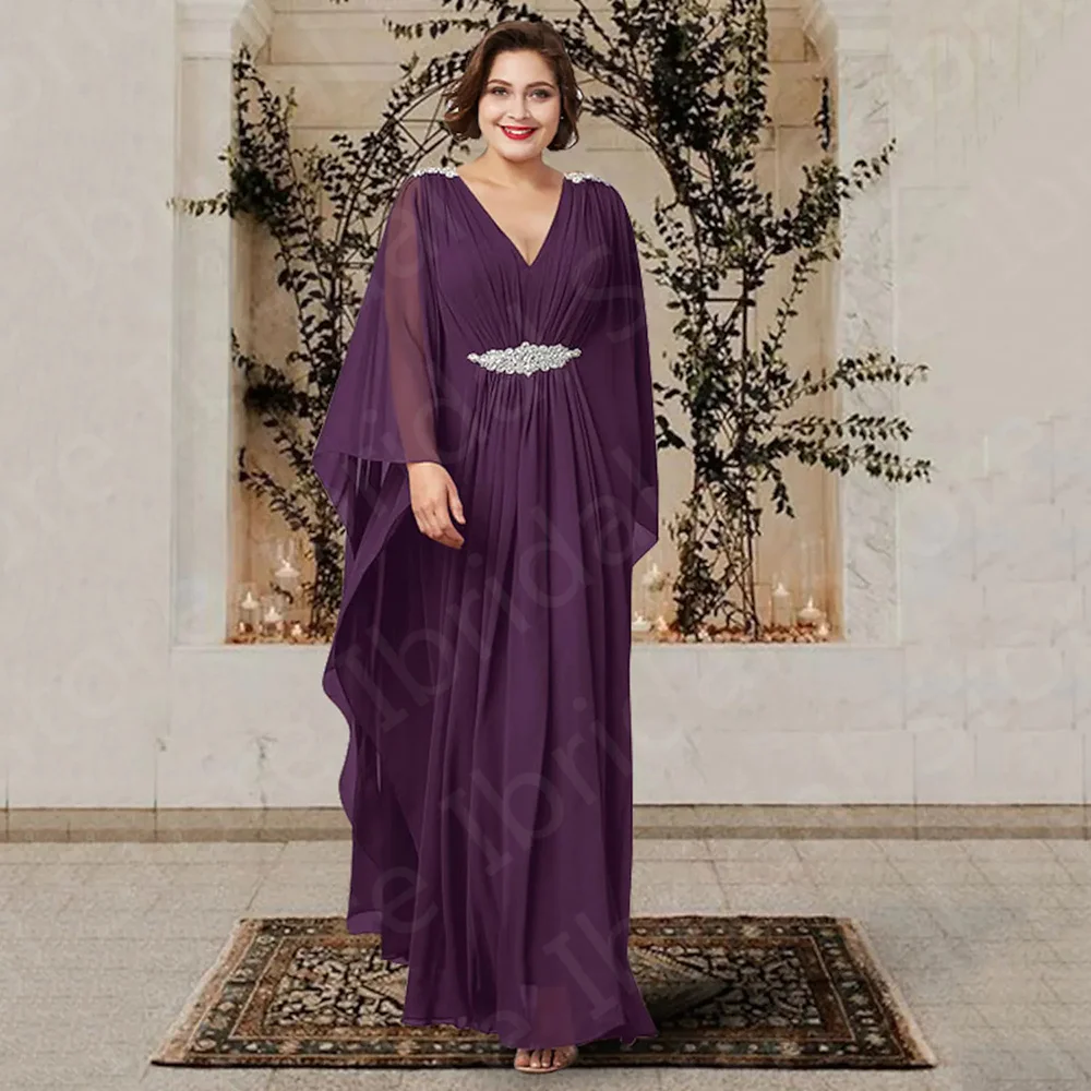 

Charming Hot Sale Purple Mother of the Bride Dresses with Cape V Neckline Beaded Wedding Guest Gowns Full Length