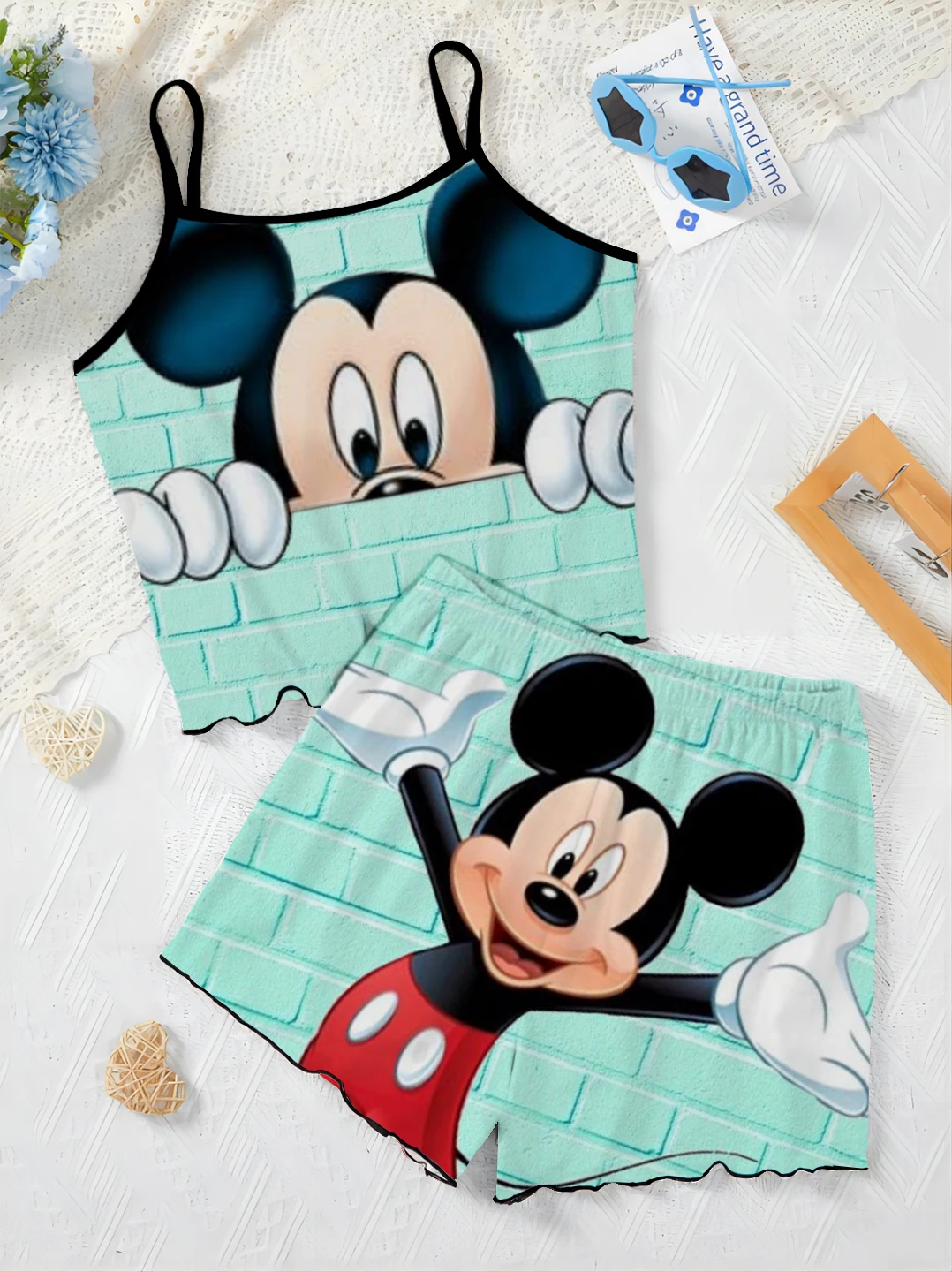 Mickey Minnie Mouse T-Shirt Top Korte Sets Voor Dames 2 Stuks Thuisjurk Damespak Disney Sla Trim Pyjama Rok Elegant