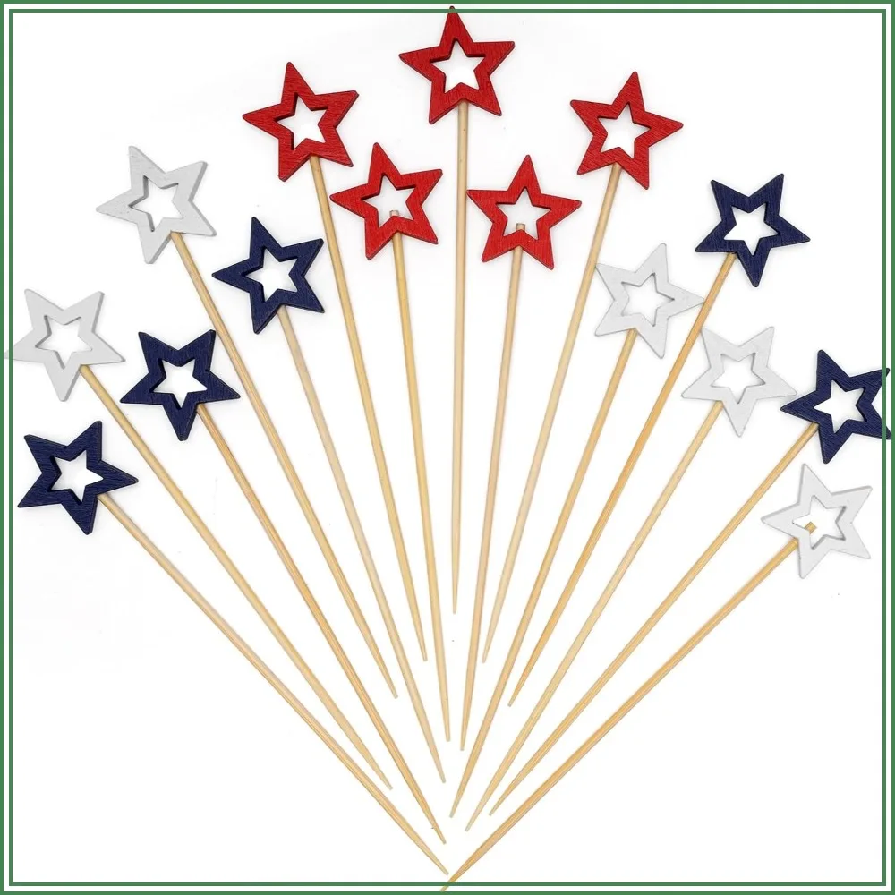 Mixed Red White Blue Star Cocktail Picks, 5.5 Inch Bamboo Toothpicks for Appetizers, Decorative Party Food Garnish Fruit Skewer Sticks 50 Counts