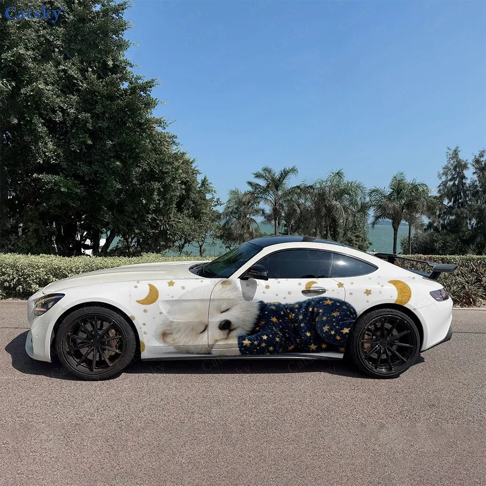 2pcs Gilded Crescent Star Bear Car Side Wraps, Self-Adhesive PVC Waterproof & Scratch-Resistant Stickers, Car Accessory Gift