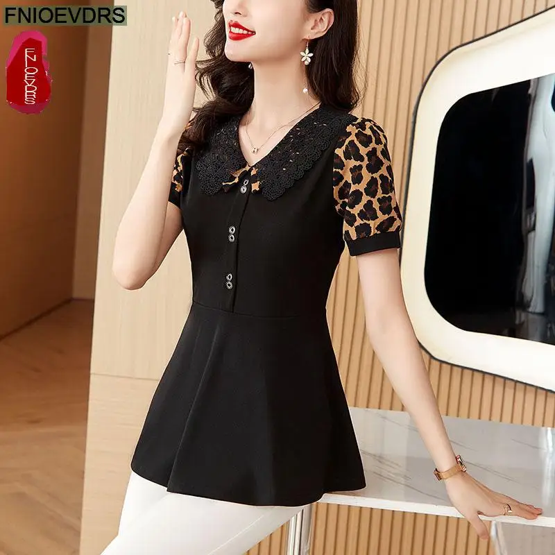 M-5XL Fashion Shirt 2024 Women Summer Elegant Office Lady Casual Button Shirts Retro Vintage Black Leopard Peplum Tops Blouses