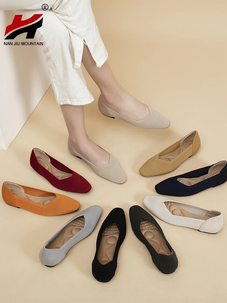 Flat Shoes Women Square Toe Single Shoes Comfortable Breathable Woven Shoes Woman Simple Solid Color Spring Summer