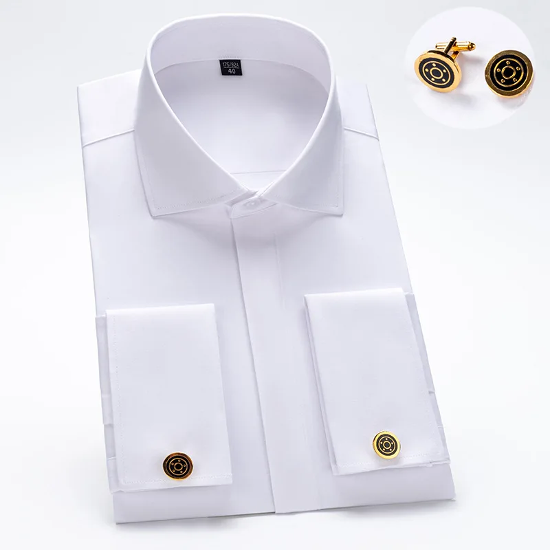 Windsor Collar Men's Long Sleeve French Cuff Dress Shirt Covered Button Bamboo Fiber Business Formal Shirts with Cufflinks