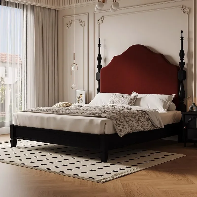 

French retro solid wood bed, soft bag high backrest bed 2026Furniture