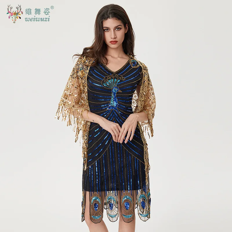 새로운 1920년대 빈티지 여성용 블루 피콕 스팽글 비즈 자수 패턴 반팔 태슬 칵테일 파티 이브닝 드레스