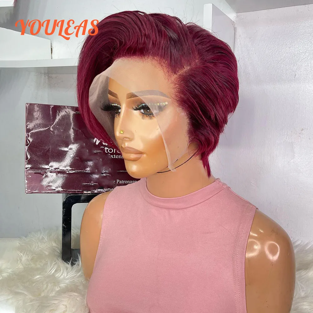 

Burgundy 13x4 Short Bob Bone Straight Transparent Lace Front Glueless Wig Human Hair Ready To Go 13x4 Transparent Lace Front Wig