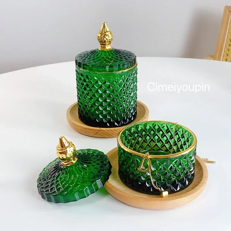 Retro Fashion Dark Green Glass Jewelry Box Light Luxury Painted Gold Storage Elegant Home Decor Holder Decorative Storage Box