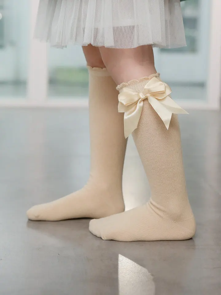 Calcetines altos hasta la rodilla para niñas, medias con lazos, 100% algodón, estilo español, Princesa, 20 pares