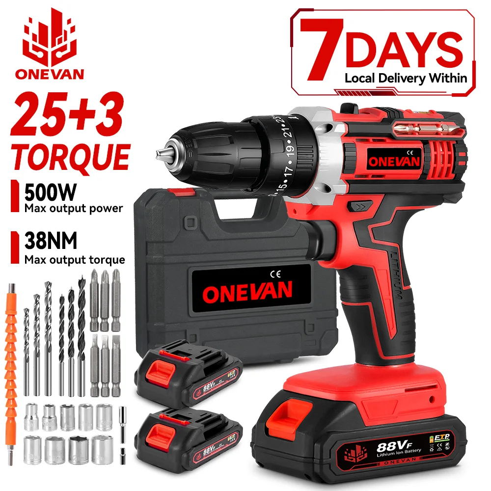 Onevan 500W Electric Impact Drill Set Hammer 38n.m Drill Cordless Screwdriver