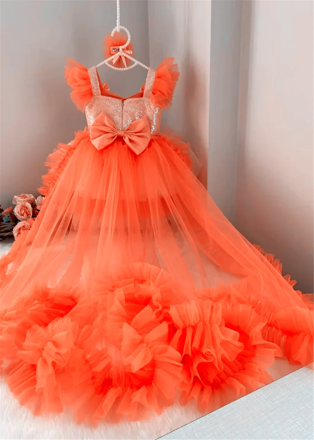 Flower Girl Puffy Tulle Dress, Orange Tiered Bow Tailing, sem mangas para casamento, Princess Birthday Party, vestido de primeira comunhão