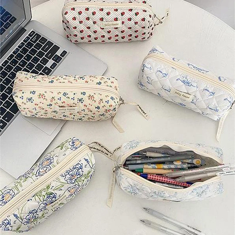 Fashion Kawaii Pencil Case Korean Style Simple Floral Pencil Pouch For Girl Soft Cotton Large Capacity Stationery Storage Bag