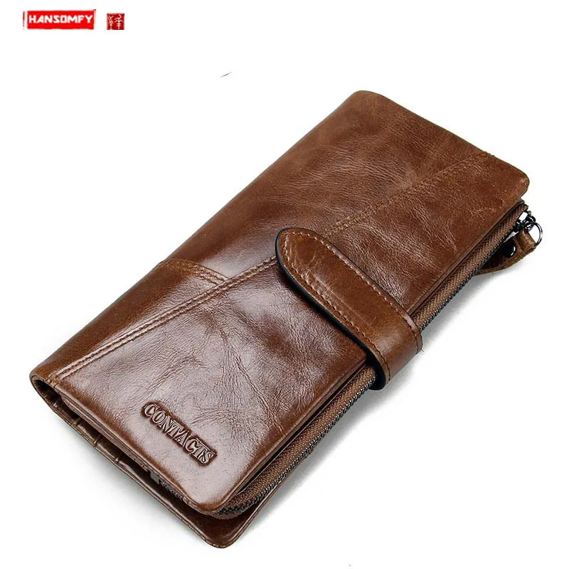 Fashion Stitching Long Leather Men's Wallet European and American Tri-fold Card Holder Wallets Clutch Bags Large Capacity Purses