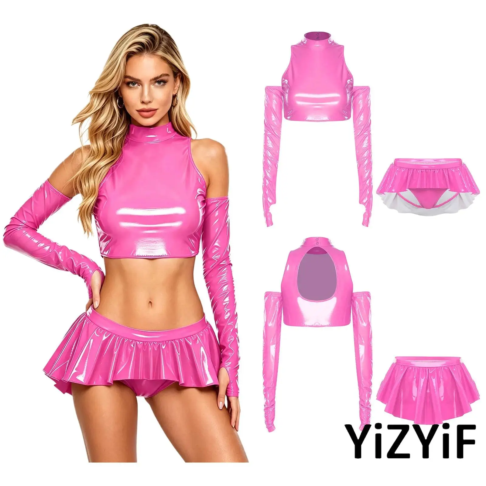 Womens Disco Pole Dance Clubwear Set Glossy PU Leather Long Sleeve Cold Shoulder Top with Low Rise Ruffled Hem Panties Skirt