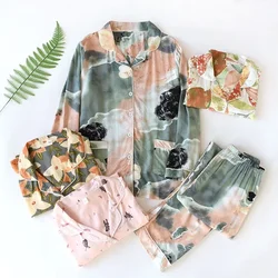 Nova primavera e verão senhoras pijamas de duas peças viscose calças de manga comprida grande flor cardigan confortável conjunto de serviço em casa