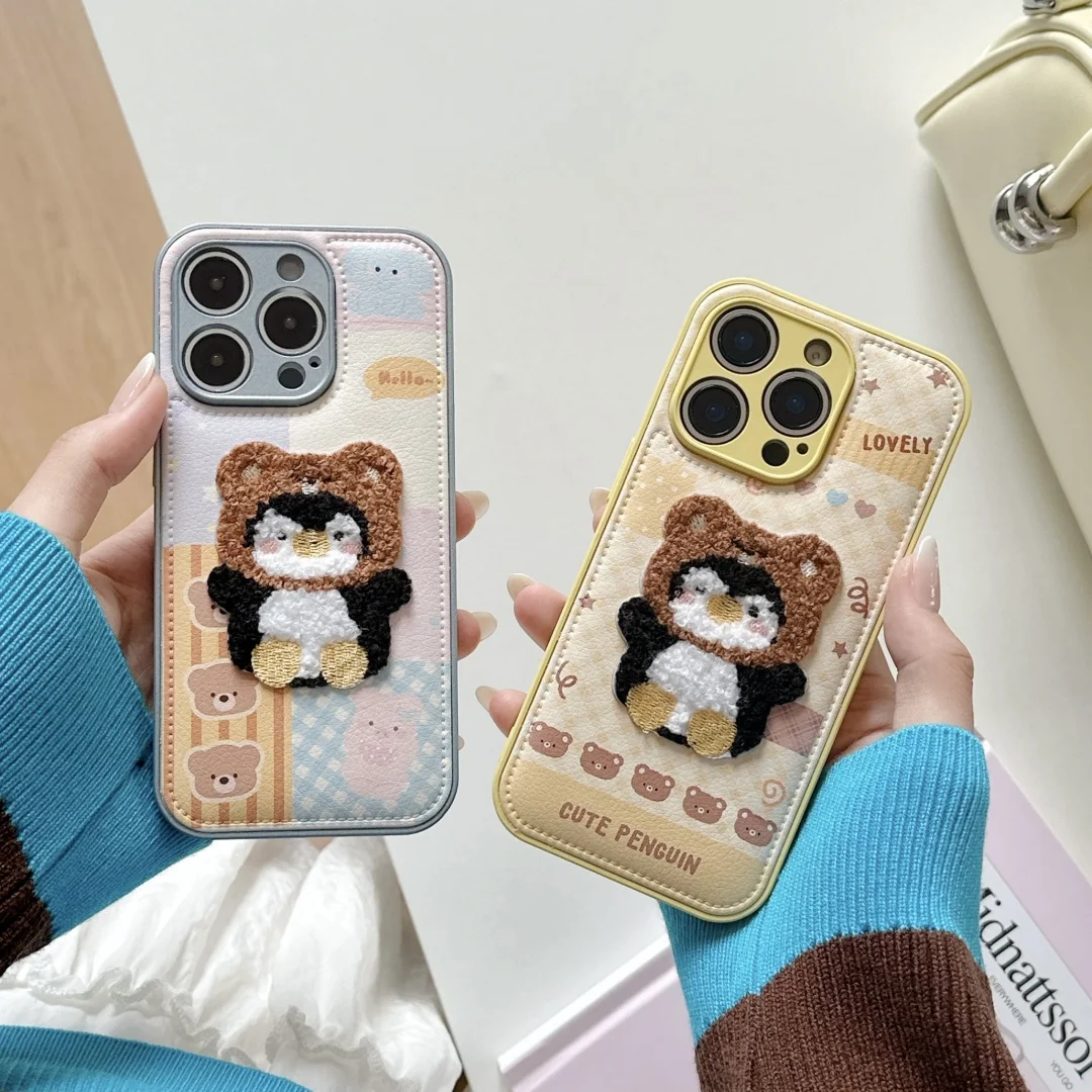 

Cute Cartoon Embroidered Plush Penguin Bear Kawaii Phone Case For iPhone 16 15 14 13 12Pro Max Plus Back Cover