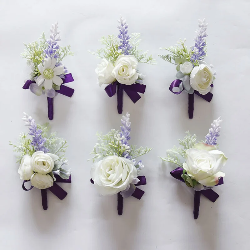 보라색 흰색 신랑 결혼식 Boutonniere 신부 들러리 팔찌, 손목 꽃 결혼 액세서리 정장 결혼식을 위한 boutonnieres