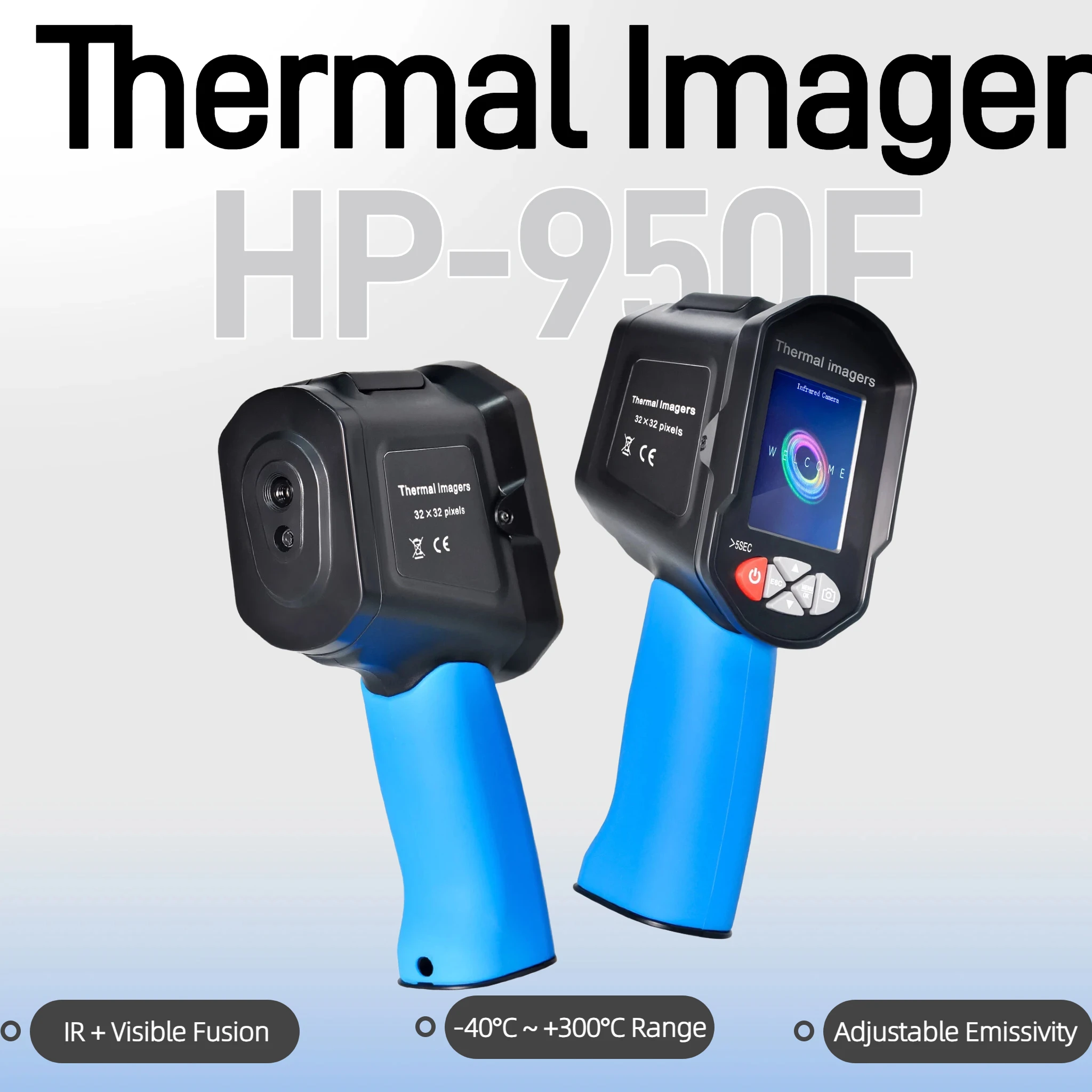 HoldPeak 950F Thermal Imager 32x32 Pixel -40~300℃ Visible Light Fusion Adjustable Emissivity TF Card for Electrician