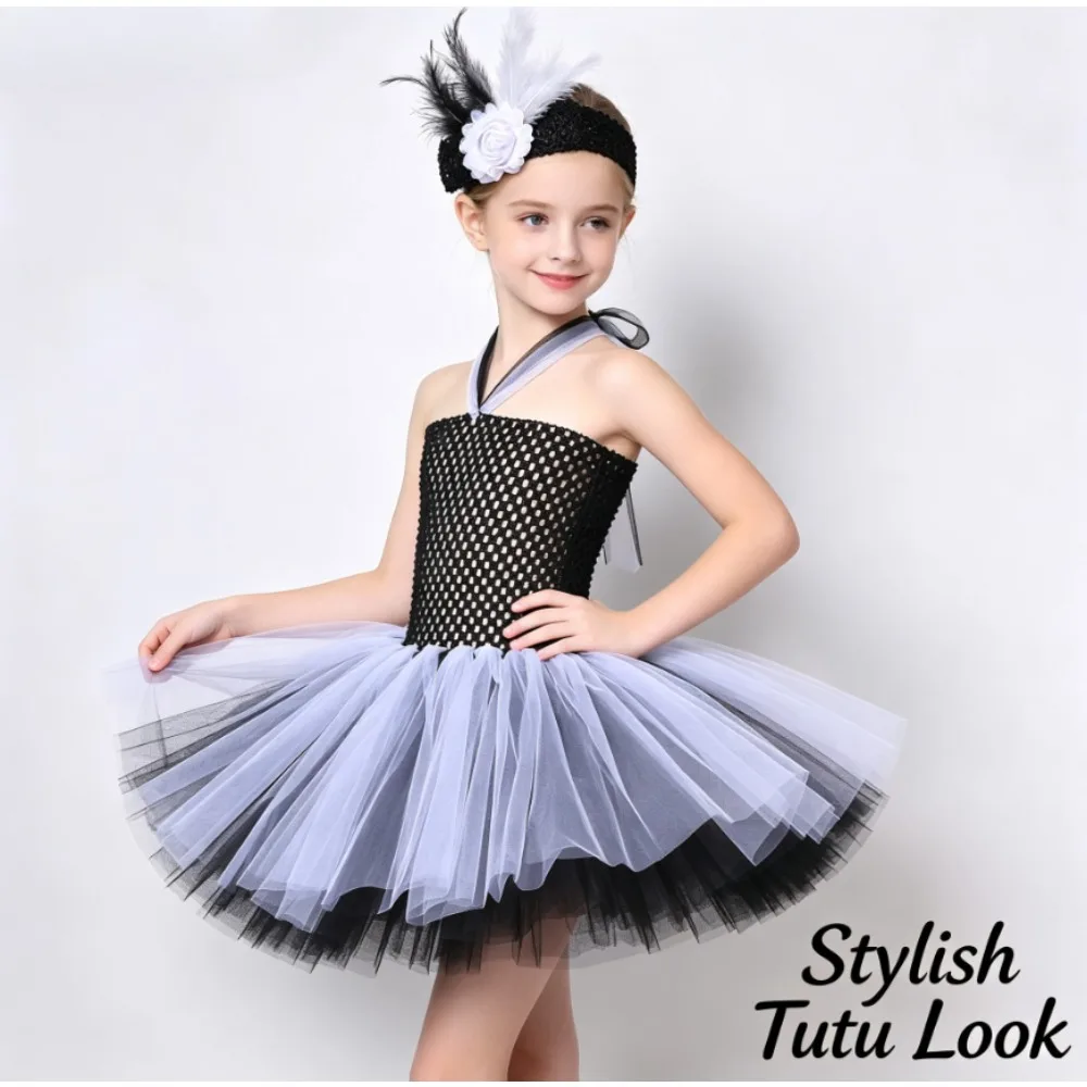 Kids Black White Ghost Style Breathable Fabric Mesh Tutu Dress With Flower Headband Outfit For Halloween Carnival Holiday Party