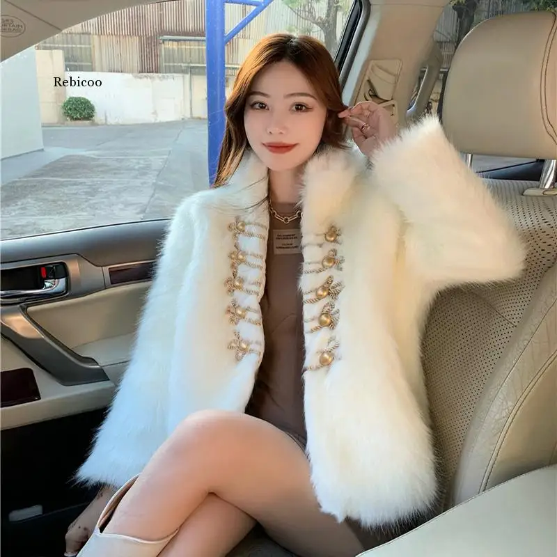 

Elegant Faux Mink Fur Coat Female Autumn Winter Loose Faux Fur Jacket Metal Buttons Single-breasted Stand Collar Crop Tops