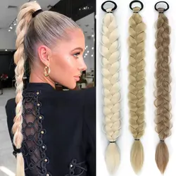 24inches Synthetic Long Braided Ponytail Hair Extensions for Women Black Brown Pony Tail with Hair Rope High Temperature Fiber