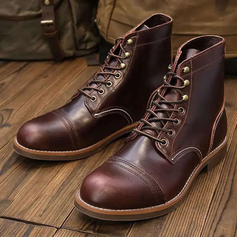 

Vintage High-Top Boots Men's Workwear Shoes Leather Motorcycle Boots Universal Style Durable Rubber Outsole