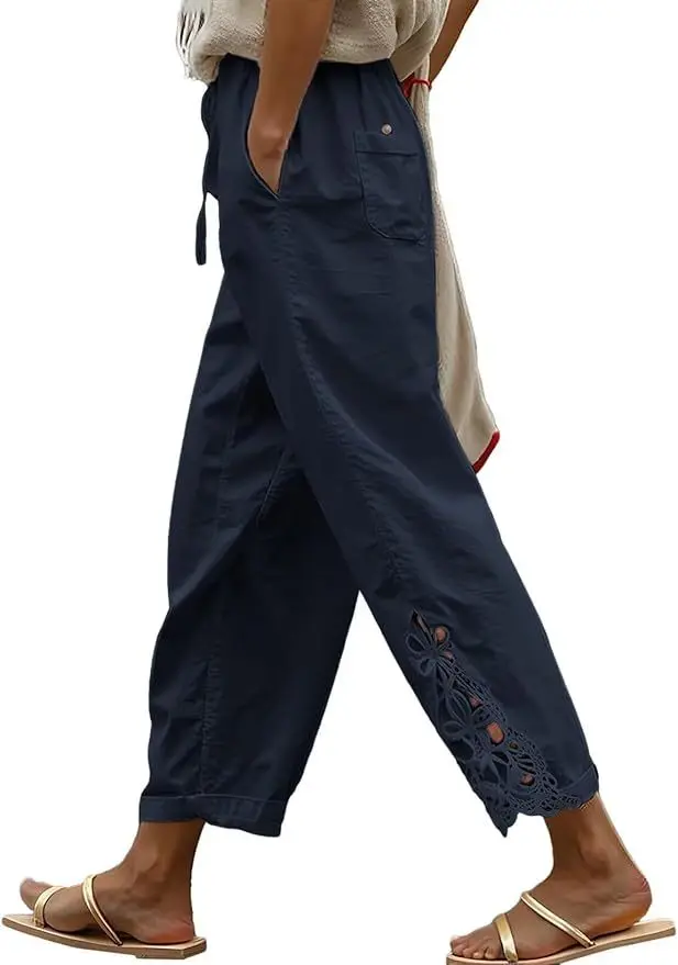 2026 Women's Pants Elastic Waist Solid Color Lace Spliced Drawstring Pocket Simple Fashion Basic Casual 9-point Pants