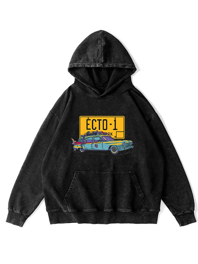 

Ecto-1 Retro Car Print Washed Hoodie men Autumn Warm Cotton Hoody Distressed Round Neck Hooded Street Casual Basic Male Clothes