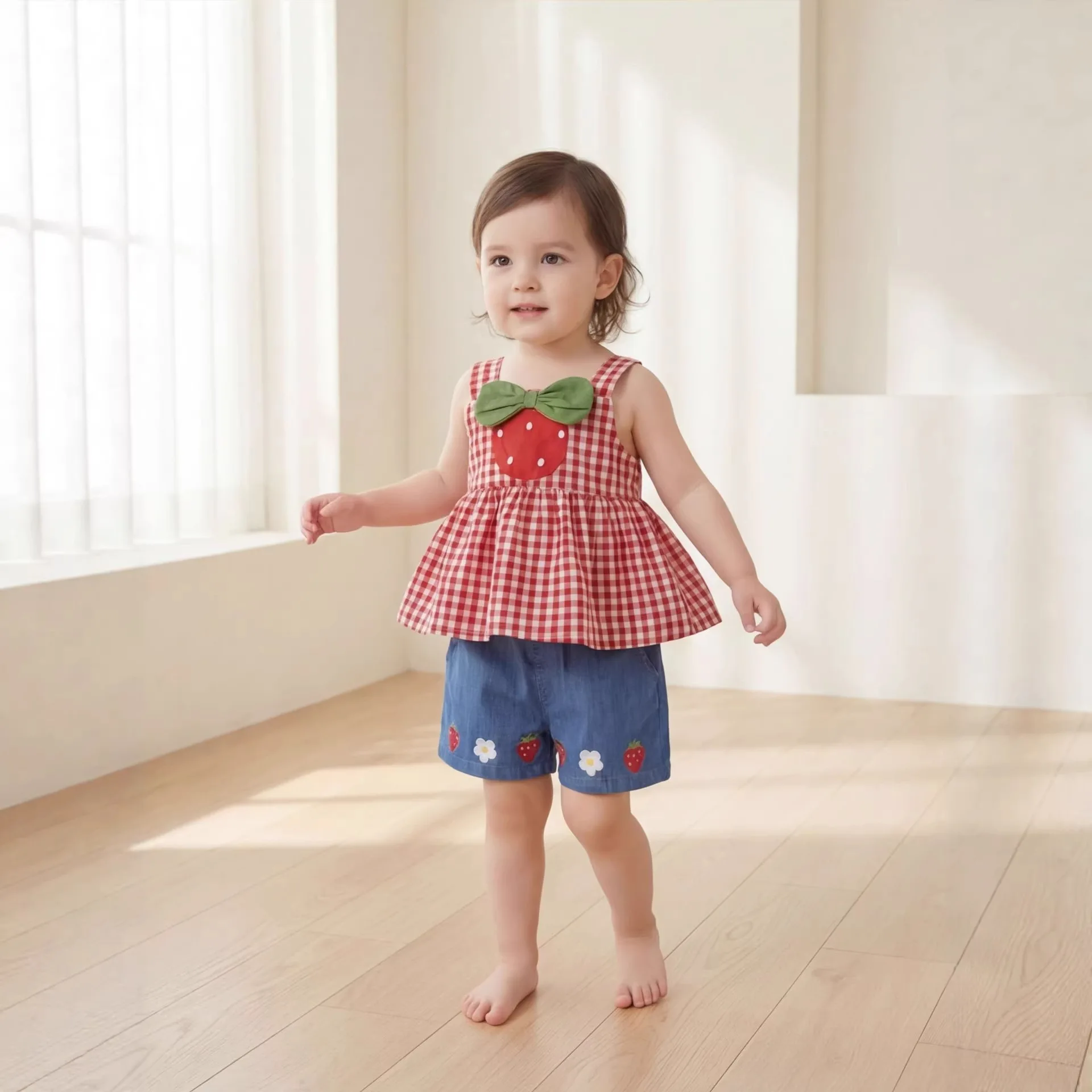 Two Piece Set 2026 Summer Girls' Style Sleeveless Strap Strawberry Bow Princess Short and Short Pants