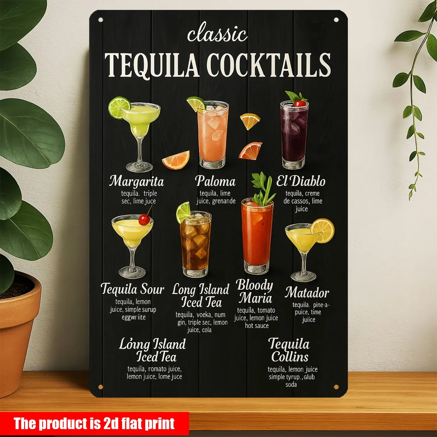 Metal Sign in a Flat 2D Design,Features a Bohemian Style with Classic Tequila Cocktails Artwork.
