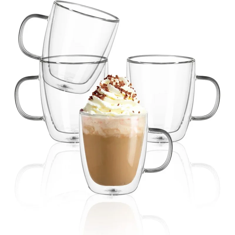 

12.5oz Borosilicate Glass Coffee Mugs Set of 4 - Double Walled, Clear Cups for Espresso