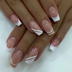 24pcs Short Square False Nails Simple French Fake Nails Press on Nails Full Cover Nail Tips Detachable DIY Manicure
